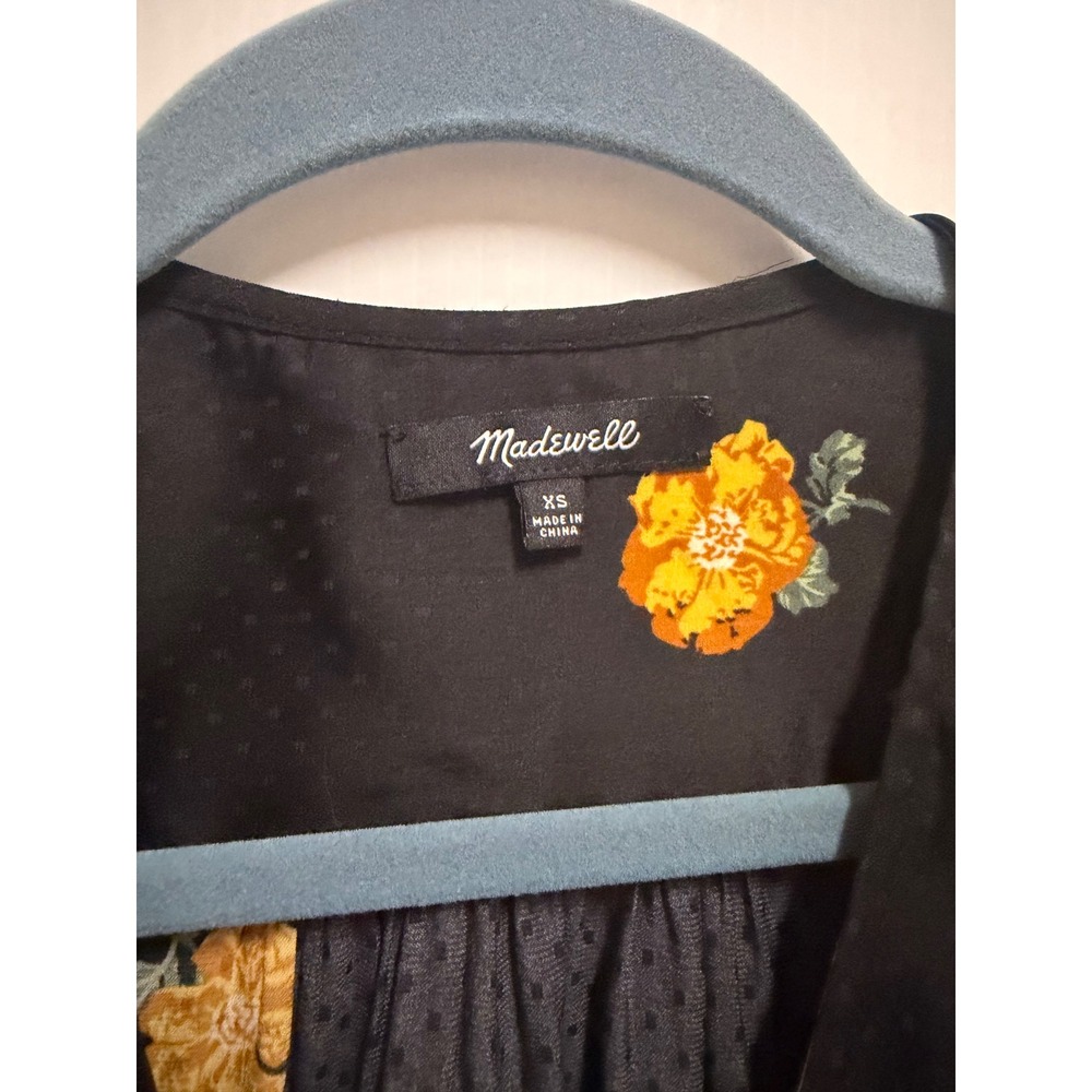 Madewell Black Floral Jacquard Tie Front Wrap Top Puff Sleeve XS Yellow Flowers - Picture 3 of 4